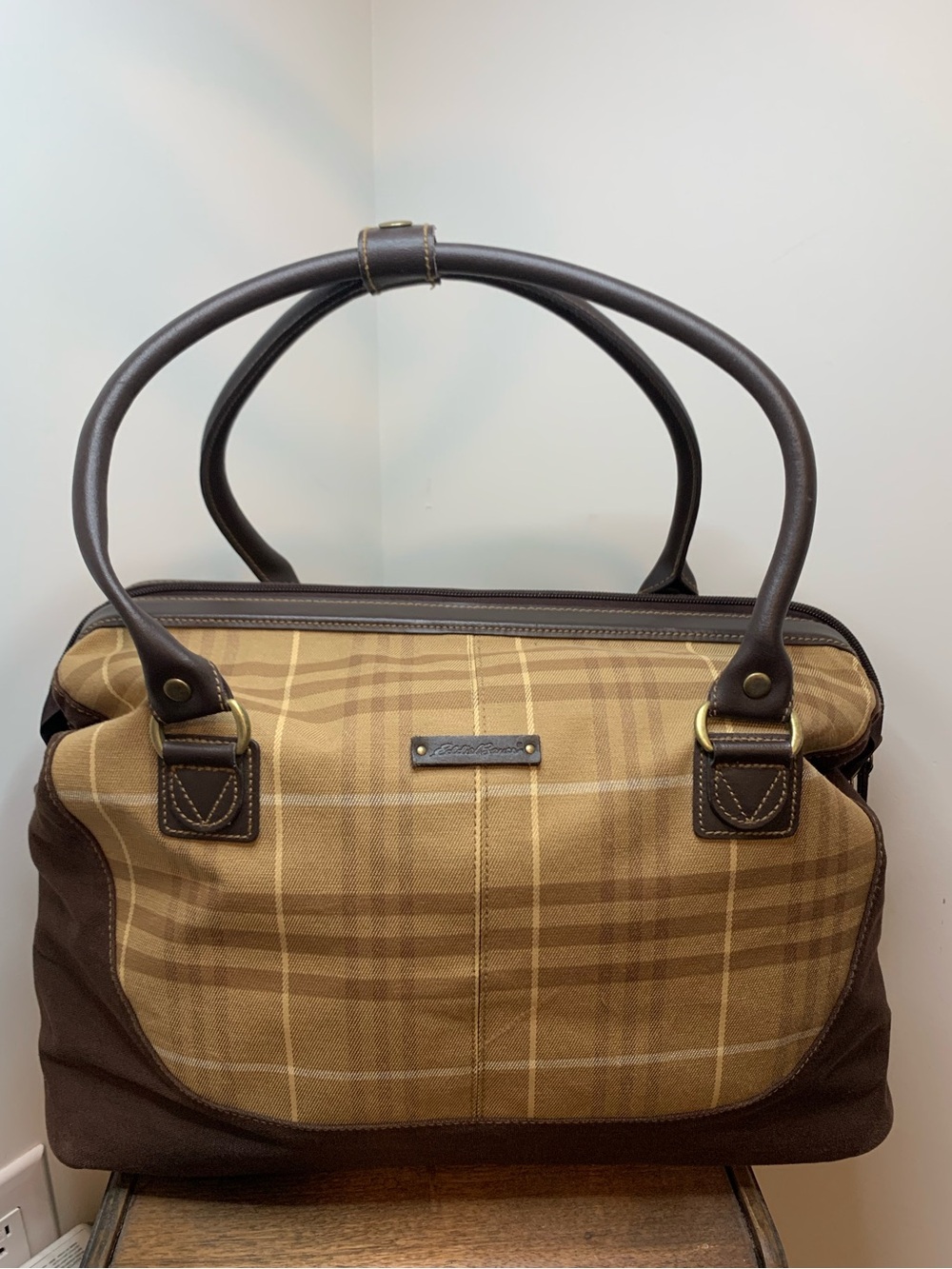 Vintage Eddie Bauer Tartan Plaid Weekend Bag Tote Brown Tan Carry On Luggage